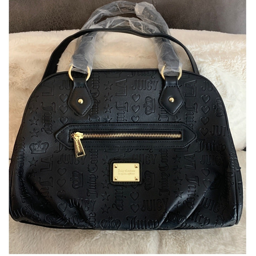 Juicy Couture Black Embossed Logo Satchel Handbag Gold Hardware Crossbody Bag